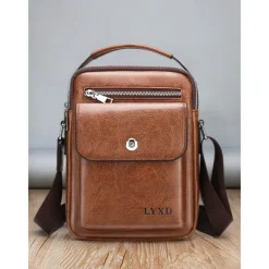 Men's Vintage Brown Faux Leather Crossbody Bag – Compact Shoulder Bag with Multiple Pockets for Travel, Work, and Everyday Use