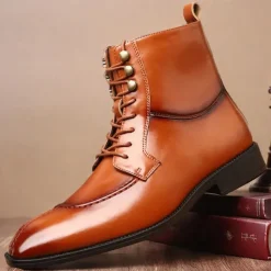 Men's Vintage Brown Faux Leather Ankle Boots - Classic Lace-Up Design with Polished Finish for Formal and Casual Wear