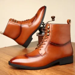 Men's Vintage Brown Faux Leather Ankle Boots - Classic Lace-Up Design with Polished Finish for Formal and Casual Wear