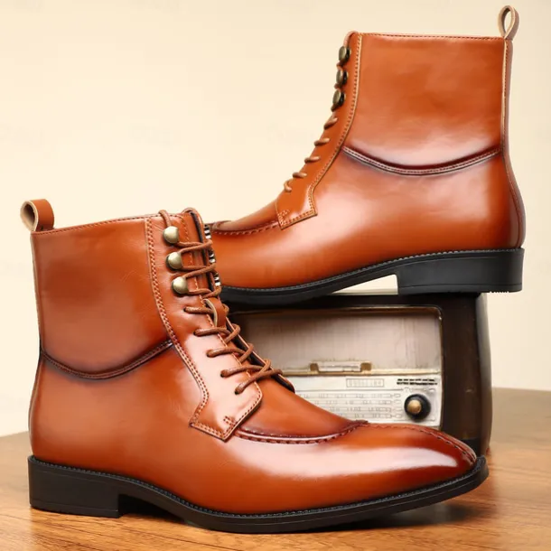Men's Vintage Brown Faux Leather Ankle Boots - Classic Lace-Up Design with Polished Finish for Formal and Casual Wear