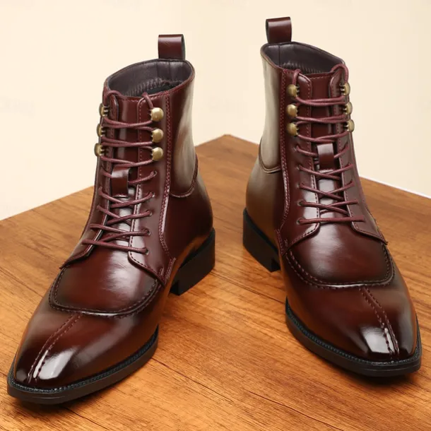 Men's Vintage Brown Faux Leather Ankle Boots - Classic Lace-Up Design with Polished Finish for Formal and Casual Wear
