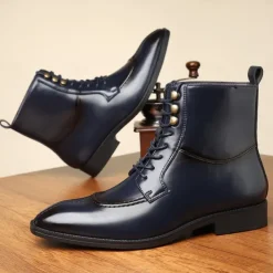 Men's Vintage Brown Faux Leather Ankle Boots - Classic Lace-Up Design with Polished Finish for Formal and Casual Wear