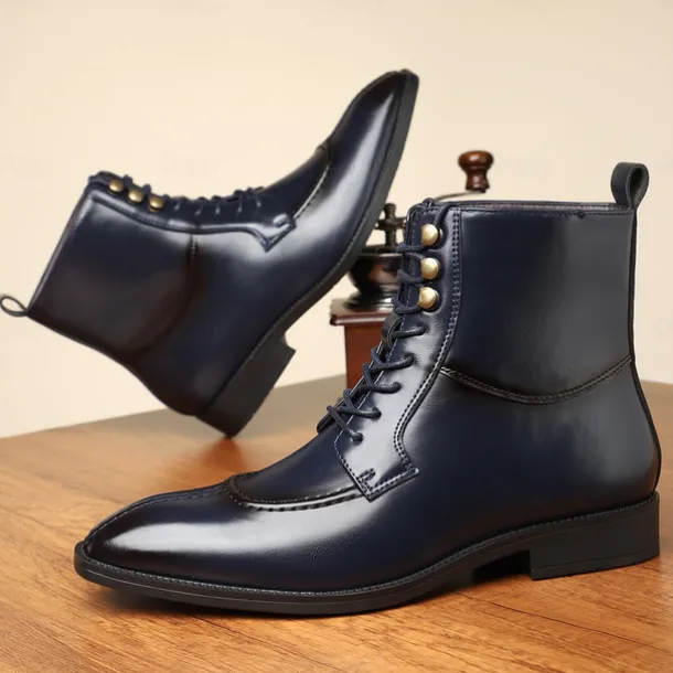 Men's Vintage Brown Faux Leather Ankle Boots - Classic Lace-Up Design with Polished Finish for Formal and Casual Wear