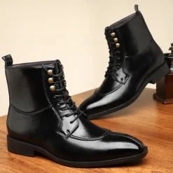 Men's Vintage Brown Faux Leather Ankle Boots - Classic Lace-Up Design with Polished Finish for Formal and Casual Wear