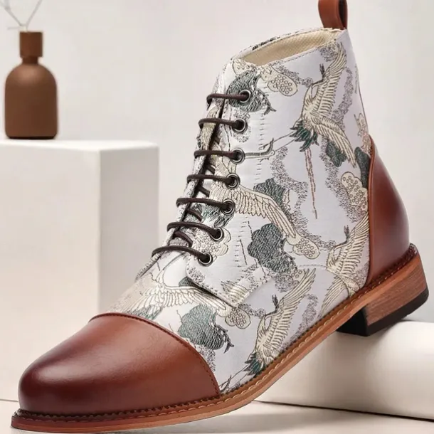 Men's Vintage Crane Print Lace-Up Boots – Faux Leather and Jacquard fabric Ankle Boots with Retro Style for Casual Wear