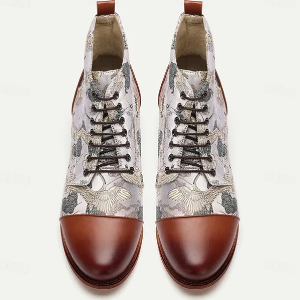 Men's Vintage Crane Print Lace-Up Boots – Faux Leather and Jacquard fabric Ankle Boots with Retro Style for Casual Wear