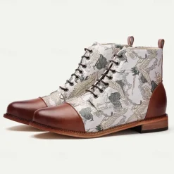 Men's Vintage Crane Print Lace-Up Boots – Faux Leather and Jacquard fabric Ankle Boots with Retro Style for Casual Wear
