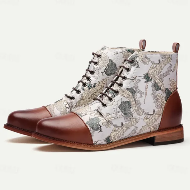 Men's Vintage Crane Print Lace-Up Boots – Faux Leather and Jacquard fabric Ankle Boots with Retro Style for Casual Wear