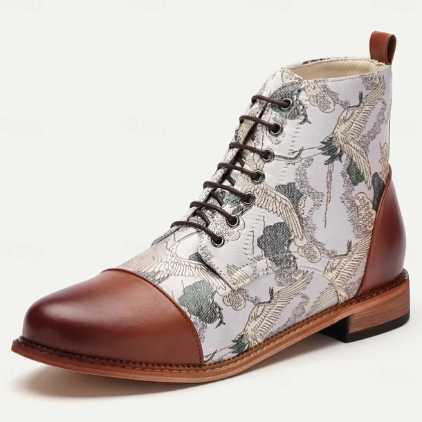 Men's Vintage Crane Print Lace-Up Boots – Faux Leather and Jacquard fabric Ankle Boots with Retro Style for Casual Wear