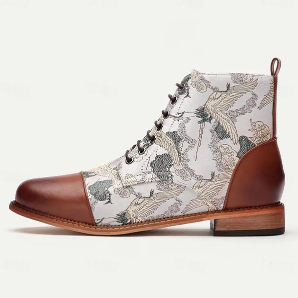Men's Vintage Crane Print Lace-Up Boots – Faux Leather and Jacquard fabric Ankle Boots with Retro Style for Casual Wear