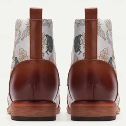 Men's Vintage Crane Print Lace-Up Boots – Faux Leather and Jacquard fabric Ankle Boots with Retro Style for Casual Wear