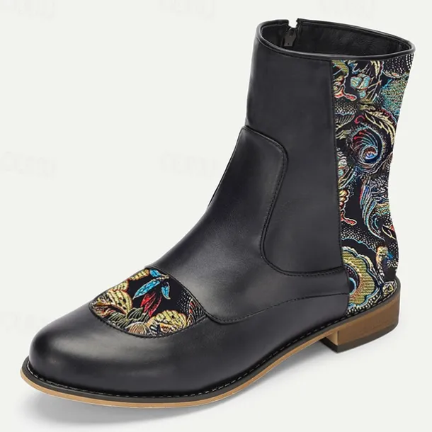 Men's Vintage Elegance Black Embroidered Jacquard Fabric and Faux Leather Ankle Boots for Formal and Casual Wear