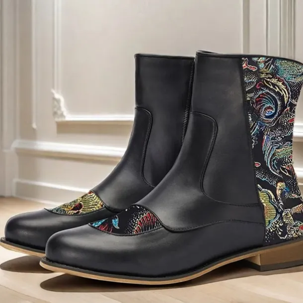Men's Vintage Elegance Black Embroidered Jacquard Fabric and Faux Leather Ankle Boots for Formal and Casual Wear