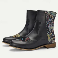 Men's Vintage Elegance Black Embroidered Jacquard Fabric and Faux Leather Ankle Boots for Formal and Casual Wear