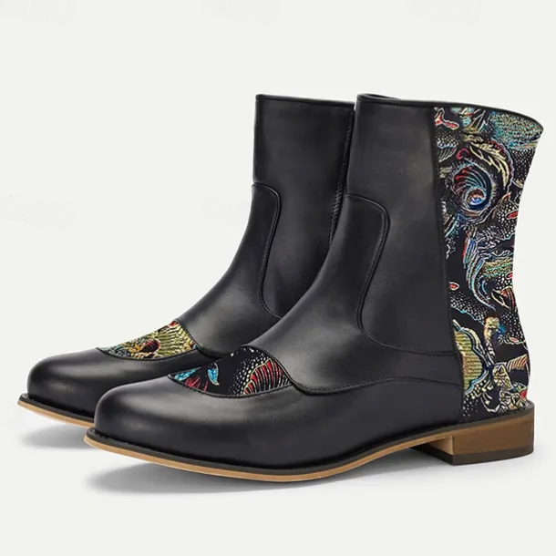 Men's Vintage Elegance Black Embroidered Jacquard Fabric and Faux Leather Ankle Boots for Formal and Casual Wear