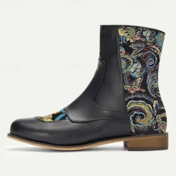 Men's Vintage Elegance Black Embroidered Jacquard Fabric and Faux Leather Ankle Boots for Formal and Casual Wear