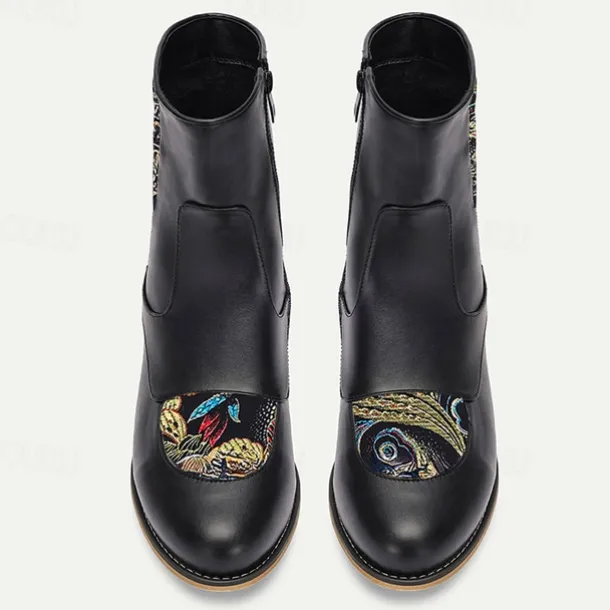 Men's Vintage Elegance Black Embroidered Jacquard Fabric and Faux Leather Ankle Boots for Formal and Casual Wear