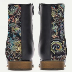 Men's Vintage Elegance Black Embroidered Jacquard Fabric and Faux Leather Ankle Boots for Formal and Casual Wear