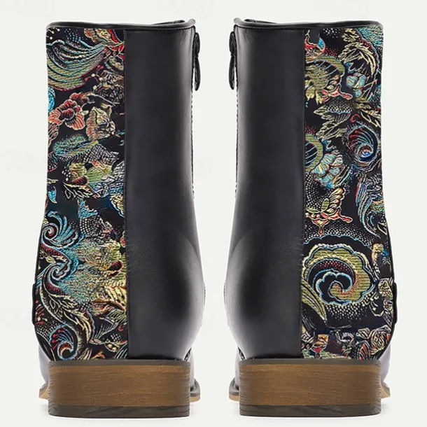 Men's Vintage Elegance Black Embroidered Jacquard Fabric and Faux Leather Ankle Boots for Formal and Casual Wear