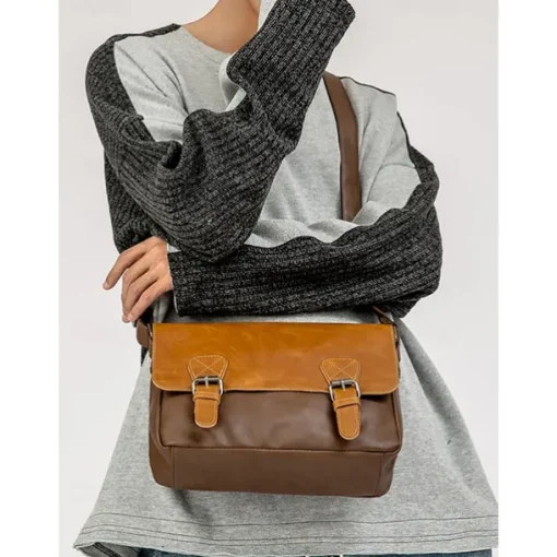 Men's Vintage Faux Leather Messenger Bag with Adjustable Strap – Durable Two-Tone Design for Work and Casual Use