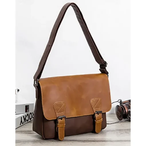 Men's Vintage Faux Leather Messenger Bag with Adjustable Strap – Durable Two-Tone Design for Work and Casual Use