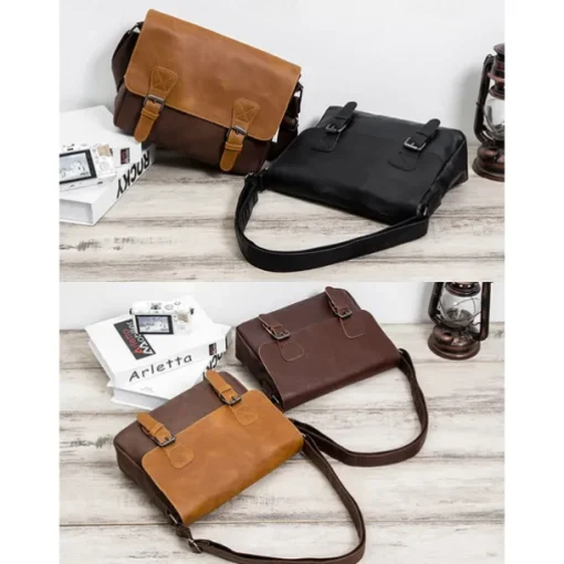 Men's Vintage Faux Leather Messenger Bag with Adjustable Strap – Durable Two-Tone Design for Work and Casual Use