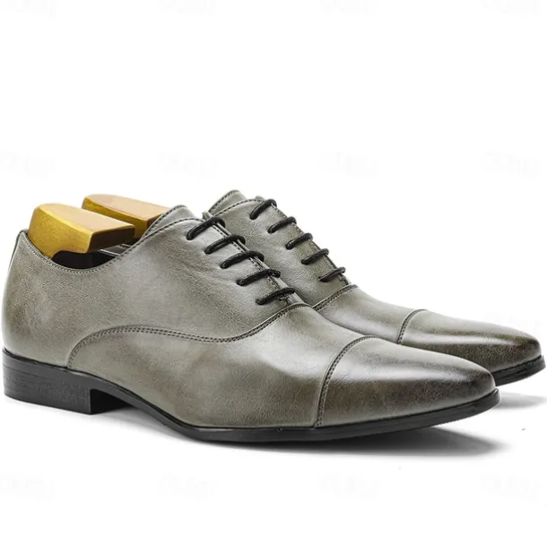 Men's Vintage Gray Faux Leather Oxford Shoes – Formal Lace-Up Dress Shoes with Cap-Toe Design for Business and Special Occasions