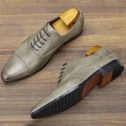 Men's Vintage Gray Faux Leather Oxford Shoes – Formal Lace-Up Dress Shoes with Cap-Toe Design for Business and Special Occasions