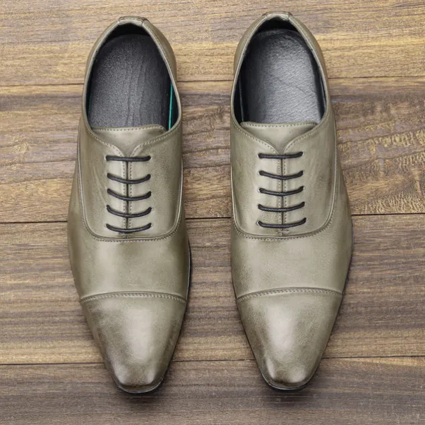 Men's Vintage Gray Faux Leather Oxford Shoes – Formal Lace-Up Dress Shoes with Cap-Toe Design for Business and Special Occasions