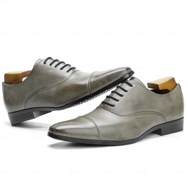 Men's Vintage Gray Faux Leather Oxford Shoes – Formal Lace-Up Dress Shoes with Cap-Toe Design for Business and Special Occasions