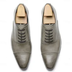Men's Vintage Gray Faux Leather Oxford Shoes – Formal Lace-Up Dress Shoes with Cap-Toe Design for Business and Special Occasions
