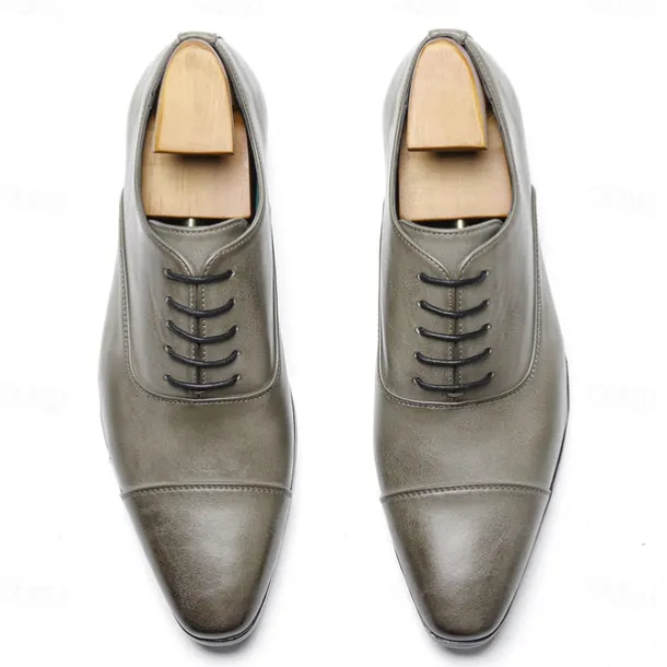 Men's Vintage Gray Faux Leather Oxford Shoes – Formal Lace-Up Dress Shoes with Cap-Toe Design for Business and Special Occasions