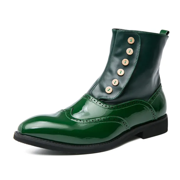 Men's Vintage Green Leather Button Boots - Stylish Wingtip Brogue Ankle Boots with Patent Leather Finish
