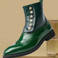 Men's Vintage Green Leather Button Boots - Stylish Wingtip Brogue Ankle Boots with Patent Leather Finish