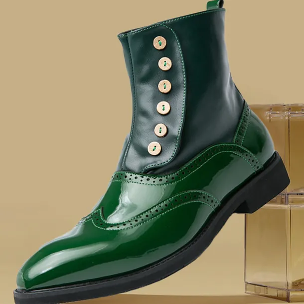 Men's Vintage Green Leather Button Boots - Stylish Wingtip Brogue Ankle Boots with Patent Leather Finish