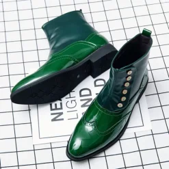 Men's Vintage Green Leather Button Boots - Stylish Wingtip Brogue Ankle Boots with Patent Leather Finish