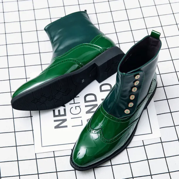 Men's Vintage Green Leather Button Boots - Stylish Wingtip Brogue Ankle Boots with Patent Leather Finish