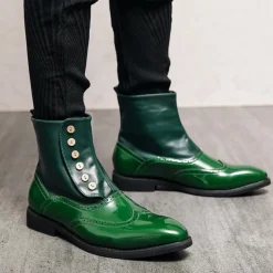Men's Vintage Green Leather Button Boots - Stylish Wingtip Brogue Ankle Boots with Patent Leather Finish