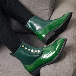 Men's Vintage Green Leather Button Boots - Stylish Wingtip Brogue Ankle Boots with Patent Leather Finish