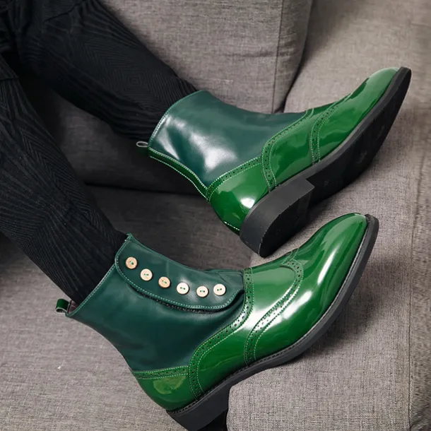 Men's Vintage Green Leather Button Boots - Stylish Wingtip Brogue Ankle Boots with Patent Leather Finish