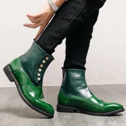 Men's Vintage Green Leather Button Boots - Stylish Wingtip Brogue Ankle Boots with Patent Leather Finish