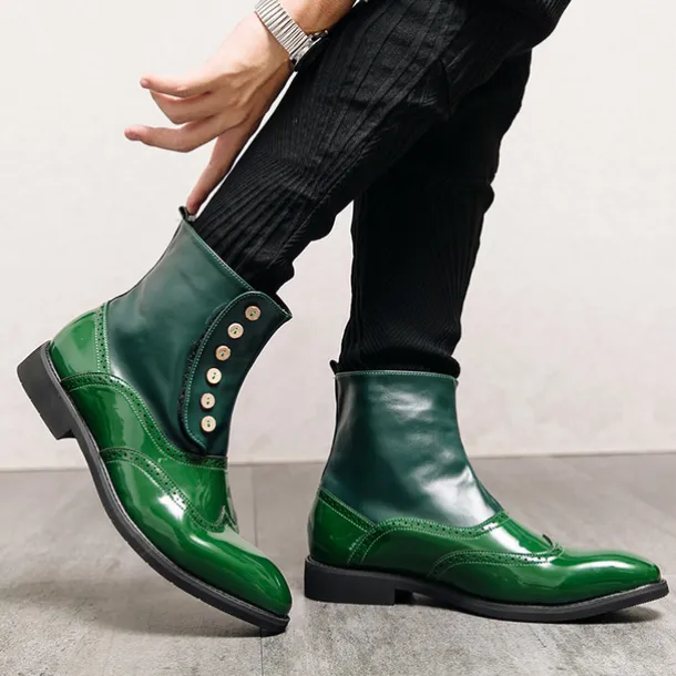 Men's Vintage Green Leather Button Boots - Stylish Wingtip Brogue Ankle Boots with Patent Leather Finish