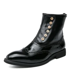 Men's Vintage Green Leather Button Boots - Stylish Wingtip Brogue Ankle Boots with Patent Leather Finish