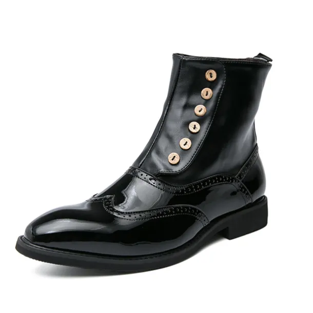 Men's Vintage Green Leather Button Boots - Stylish Wingtip Brogue Ankle Boots with Patent Leather Finish