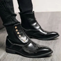 Men's Vintage Green Leather Button Boots - Stylish Wingtip Brogue Ankle Boots with Patent Leather Finish