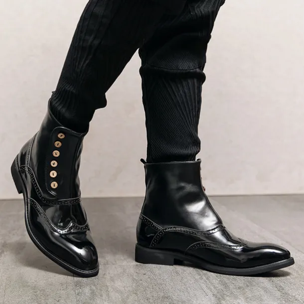 Men's Vintage Green Leather Button Boots - Stylish Wingtip Brogue Ankle Boots with Patent Leather Finish