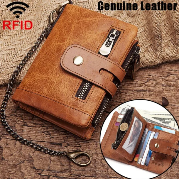 Men's Vintage Leather Wallet – Bifold Zipper Wallet with Chain, Multi-Card Slots & Snap Closure for Casual & Business Use