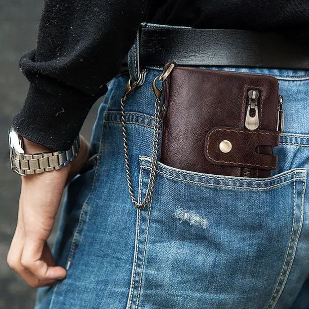 Men's Vintage Leather Wallet – Bifold Zipper Wallet with Chain, Multi-Card Slots & Snap Closure for Casual & Business Use