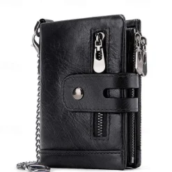 Men's Vintage Leather Wallet – Bifold Zipper Wallet with Chain, Multi-Card Slots & Snap Closure for Casual & Business Use