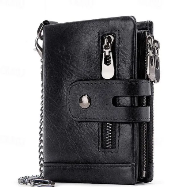 Men's Vintage Leather Wallet – Bifold Zipper Wallet with Chain, Multi-Card Slots & Snap Closure for Casual & Business Use